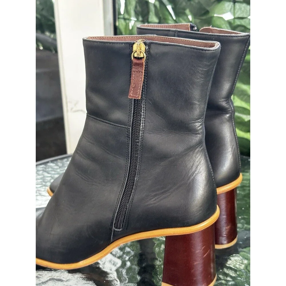 Alohas East Black Leather Square Toe Ankle Boots Wood Block Heel Spain SZ 10.5